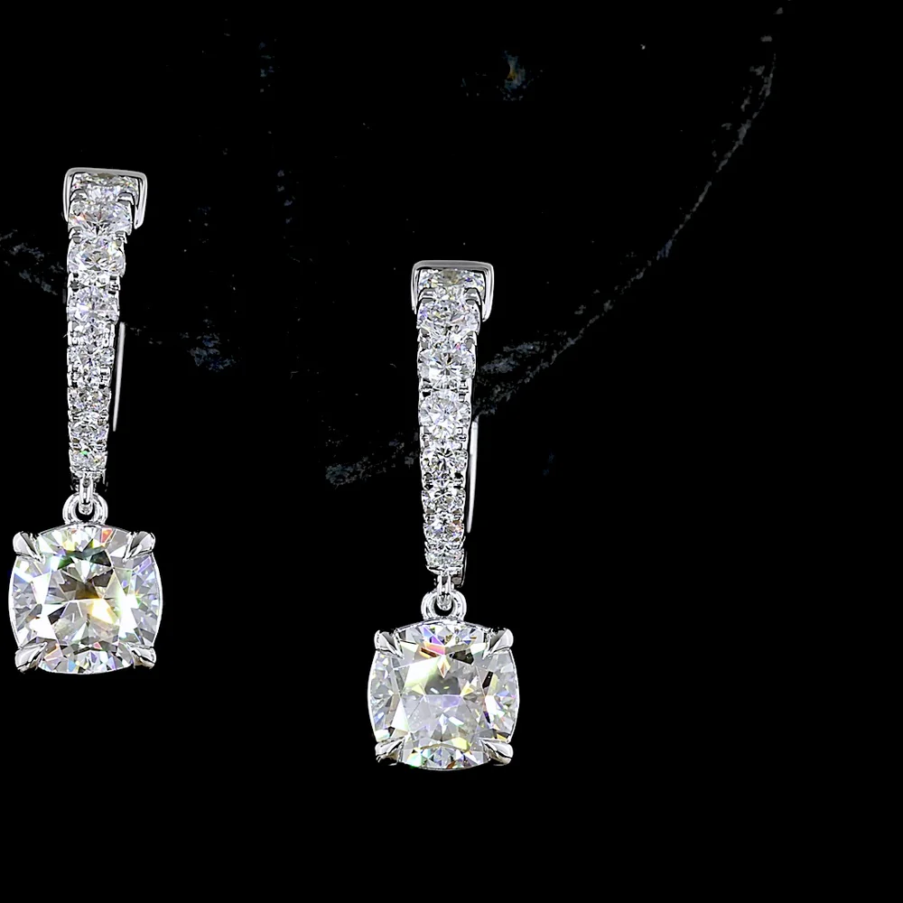 14K White Gold Hanging Hoop Earrings with Cushion Cut Lab Diamonds - 2.64 Carats Total Diamond Weight - Covaloro Fine Jewelry - Image 4