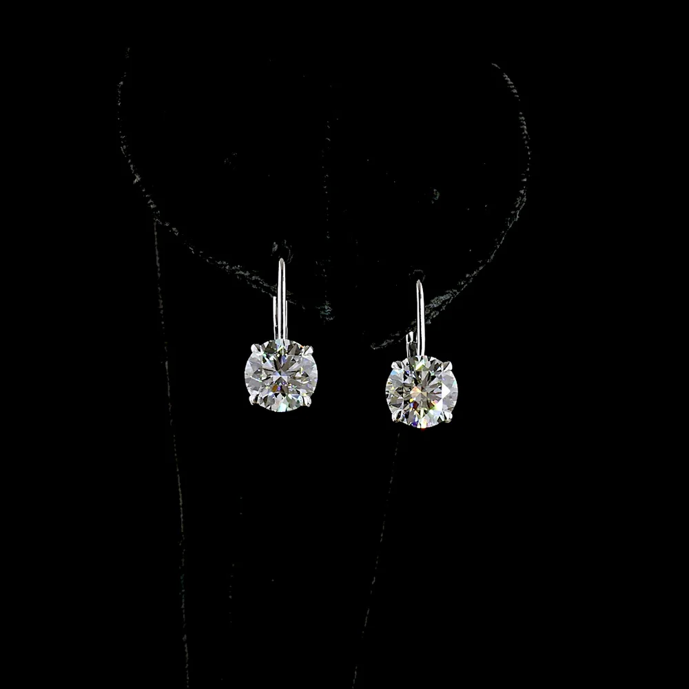 14K White Gold Hanging Lever-Back Earrings with 4.21 Carats Total Weight Round Brilliant Lab Diamonds (F VS1) with Prong Settings - Covaloro Fine Jewelry