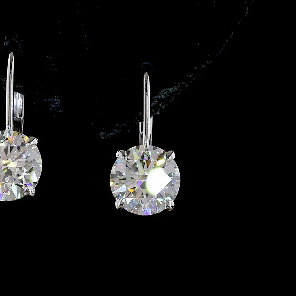 14K White Gold Hanging Lever-Back Earrings with 4.21 Carats Total Weight Round Brilliant Lab Diamonds (F VS1) with Prong Settings - Covaloro Fine Jewelry - Image 2