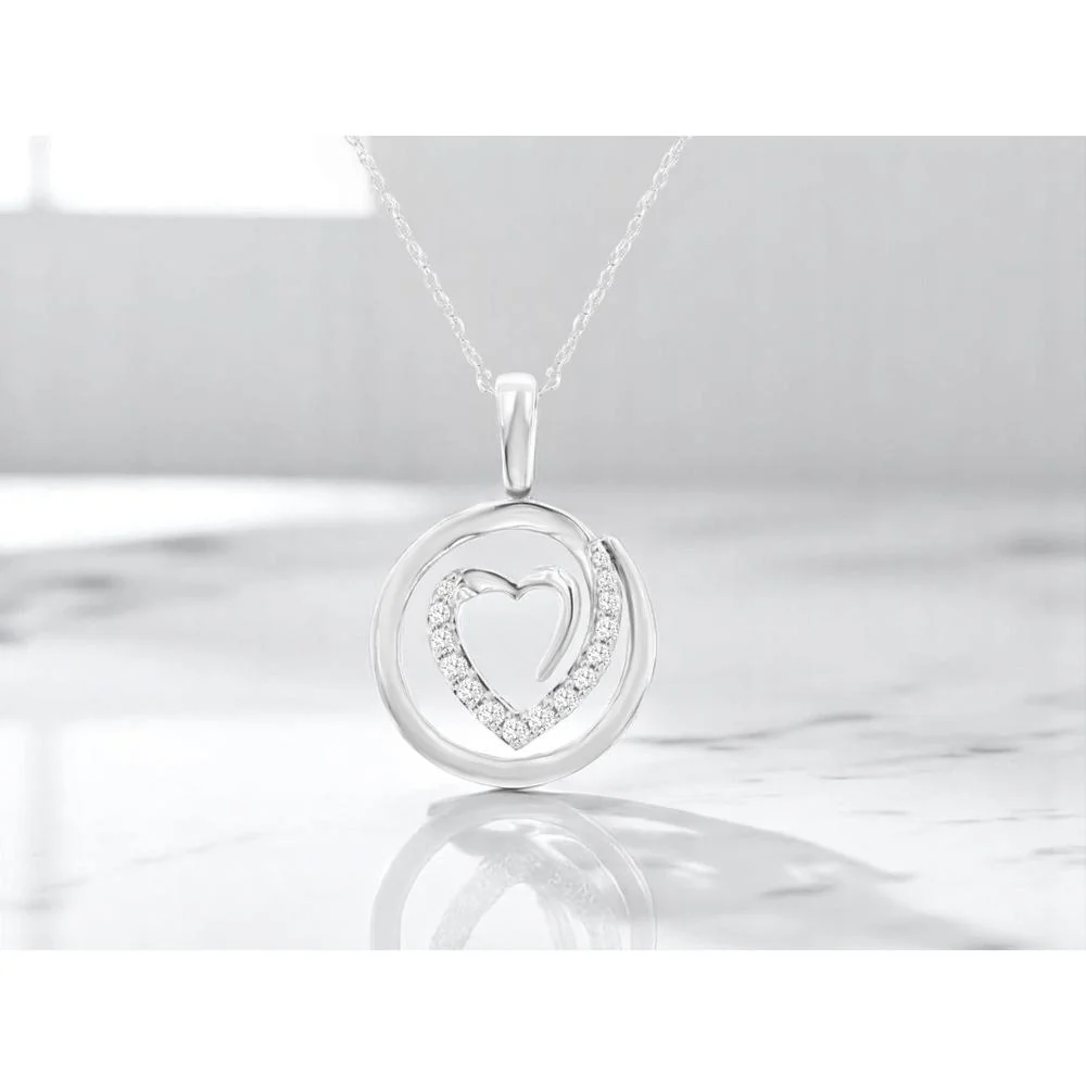 14K White Gold Heart-in-Circle Diamond Pendant with Round Brilliant Cut Stones - 0.16 Carat Total Diamond Weight - Royal Jewelry - Image 2