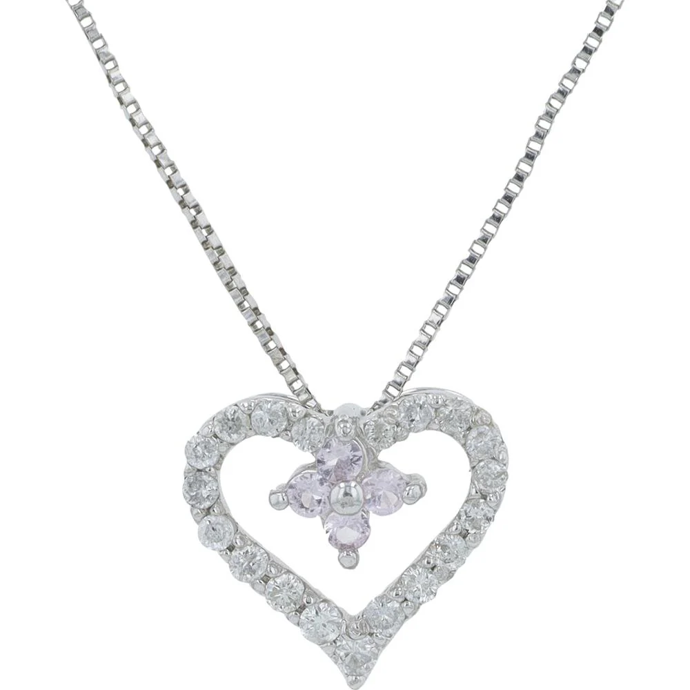14K White Gold Heart Pendant with 0.12 Carat Pink Sapphires and 0.17 Carat Diamond Halo Necklace