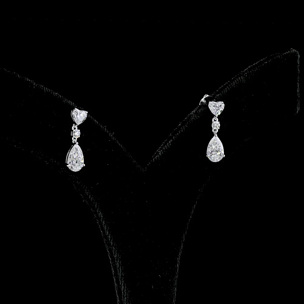 14K White Gold Heart, Round, and Pear Shape Lab Diamond Hanging Drop Earrings - 1.66 Carats Total Diamond Weight - Covaloro Fine Jewelry