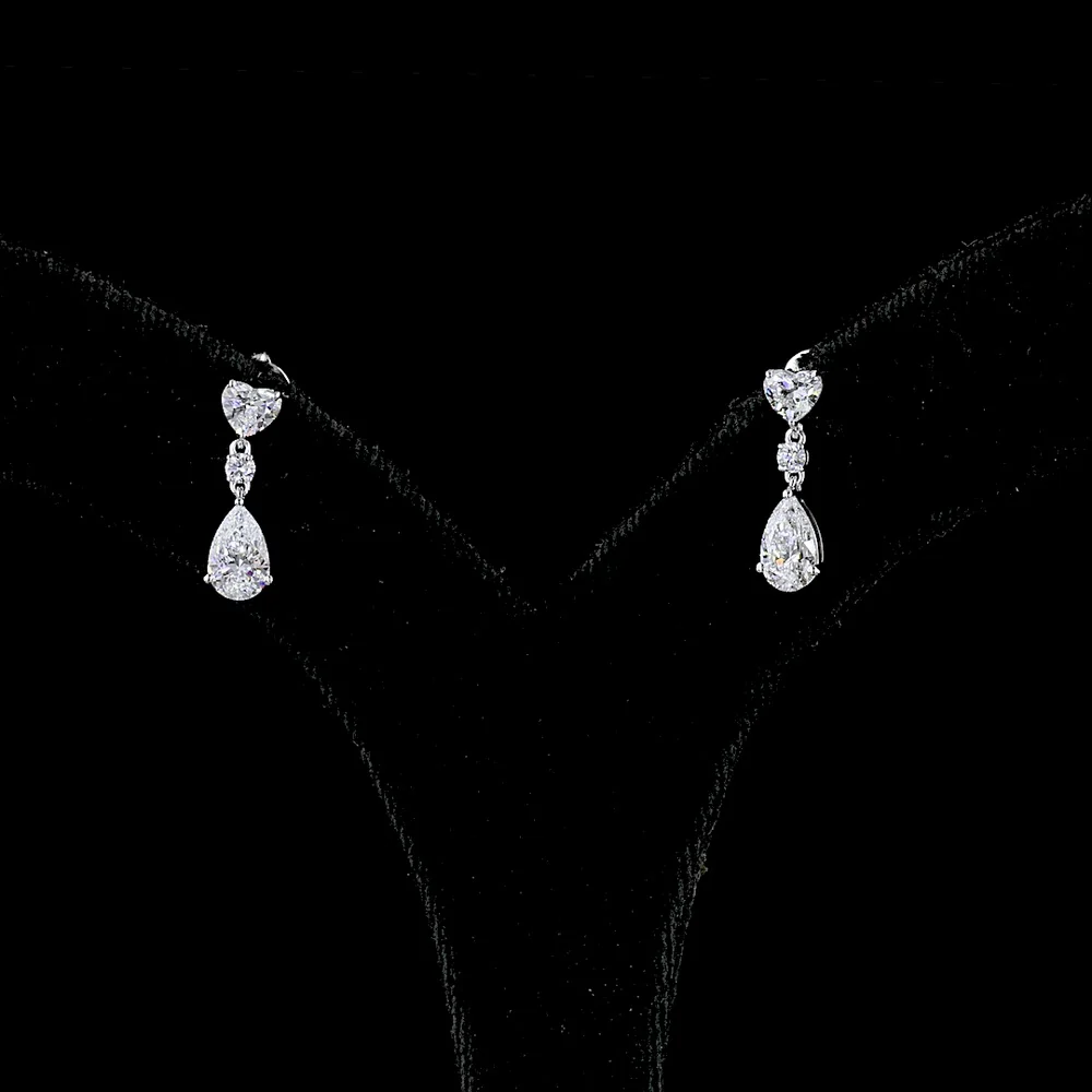 14K White Gold Heart, Round, and Pear Shape Lab Diamond Hanging Drop Earrings - 1.66 Carats Total Diamond Weight - Covaloro Fine Jewelry - Image 2