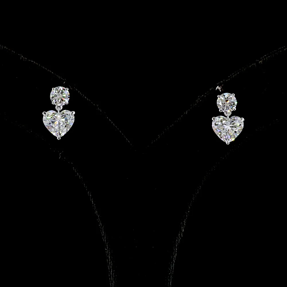 14K White Gold Heart Shape Drop Earrings with 4.02 Carat Total Weight Lab Diamonds - Round Brilliant Top Stones & Heart Shape Center Stones in Prong Setting - Covaloro Fine Jewelry