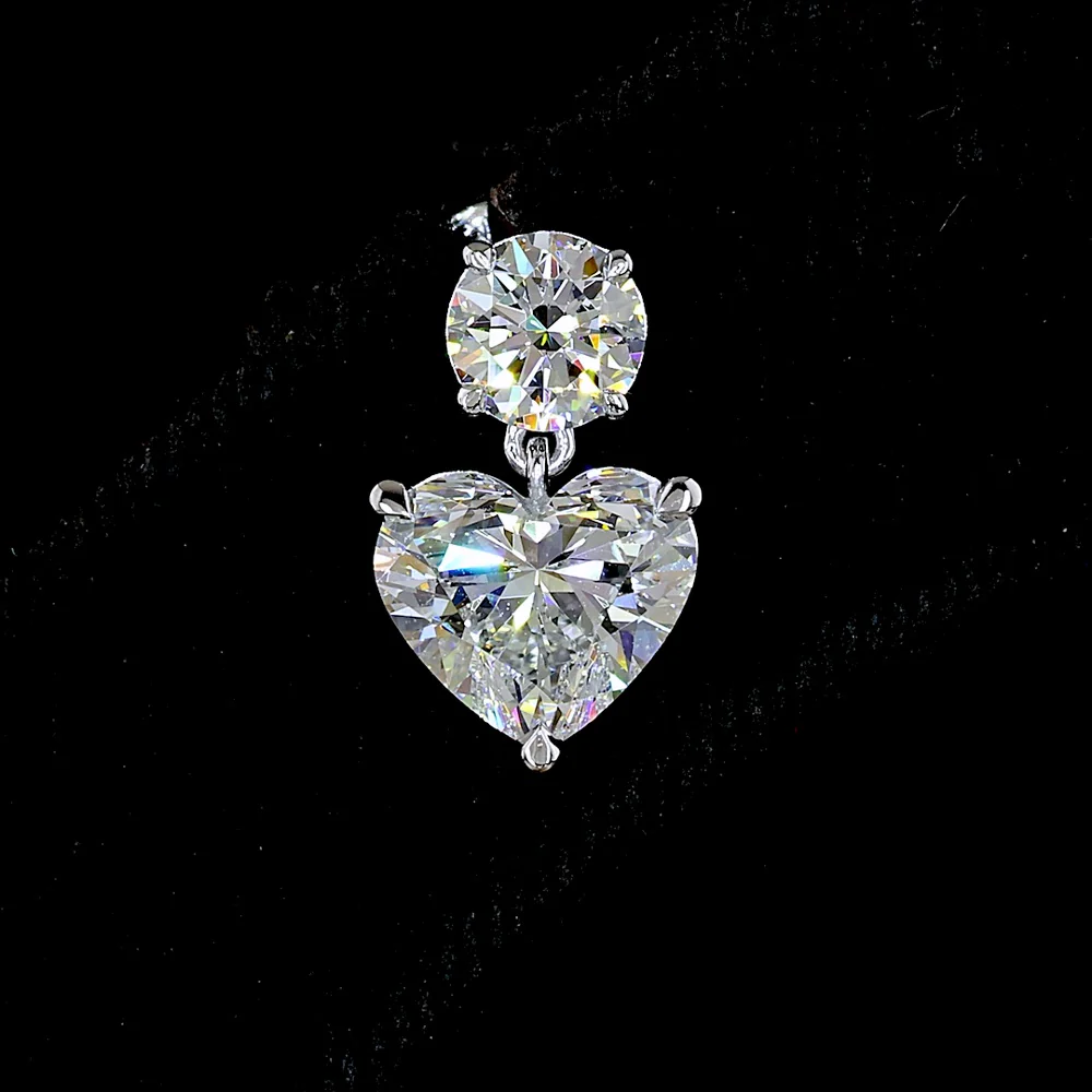 14K White Gold Heart Shape Drop Earrings with 4.02 Carat Total Weight Lab Diamonds - Round Brilliant Top Stones & Heart Shape Center Stones in Prong Setting - Covaloro Fine Jewelry - Image 2