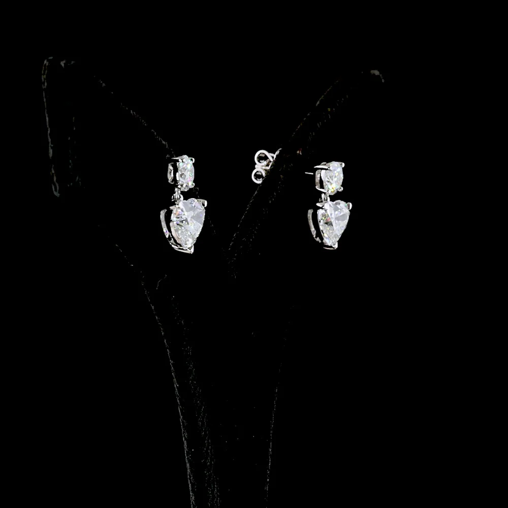 14K White Gold Heart Shape Drop Earrings with 4.02 Carat Total Weight Lab Diamonds - Round Brilliant Top Stones & Heart Shape Center Stones in Prong Setting - Covaloro Fine Jewelry - Image 3