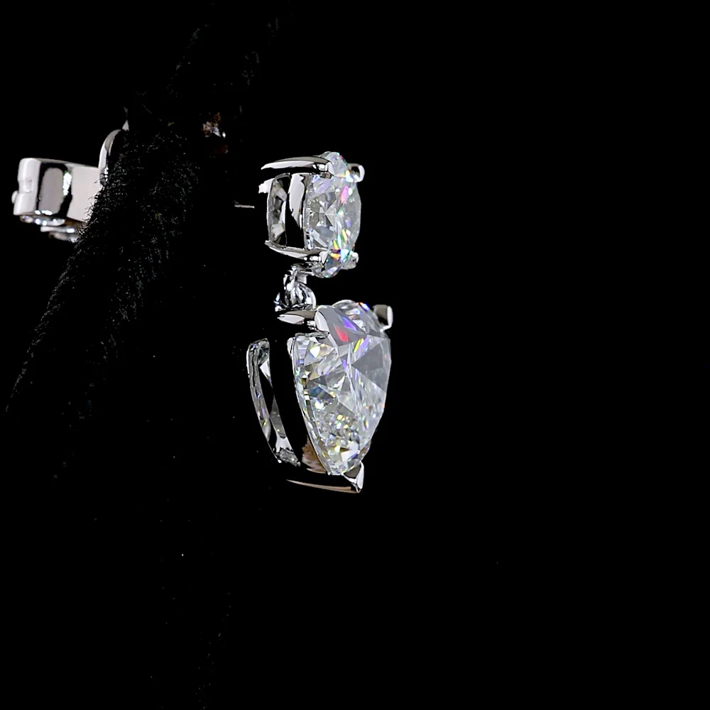 14K White Gold Heart Shape Drop Earrings with 4.02 Carat Total Weight Lab Diamonds - Round Brilliant Top Stones & Heart Shape Center Stones in Prong Setting - Covaloro Fine Jewelry - Image 4