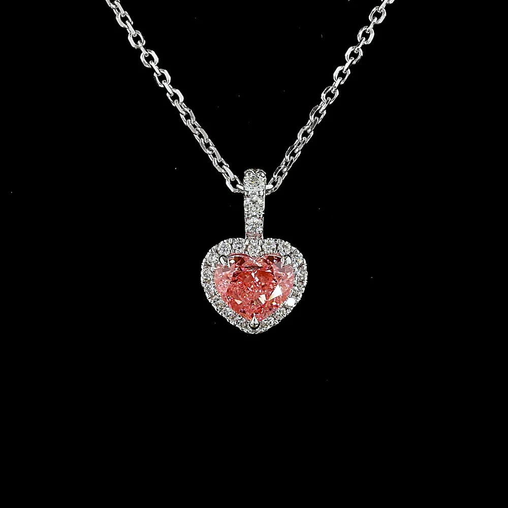 14K White Gold Heart Shape Pendant with 1.01 Carat Fancy Vivid Pink Lab Diamond and Diamond Halo - 1.17 Carat Total Weight - Covaloro Fine Jewelry - Image 2