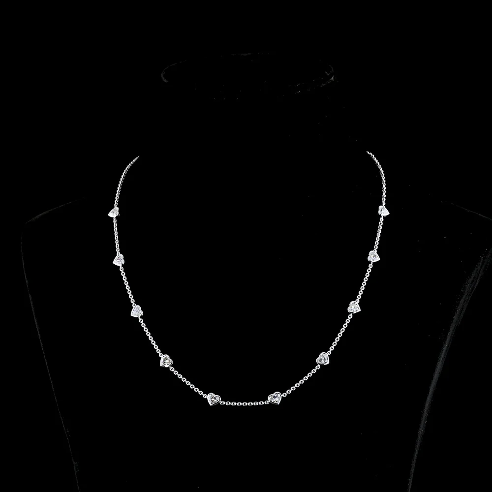 14K White Gold Heart Shape Station Necklace with Bezel Set Lab Grown Diamonds - 3.15 Carats Total Diamond Weight - Covaloro Fine Jewelry