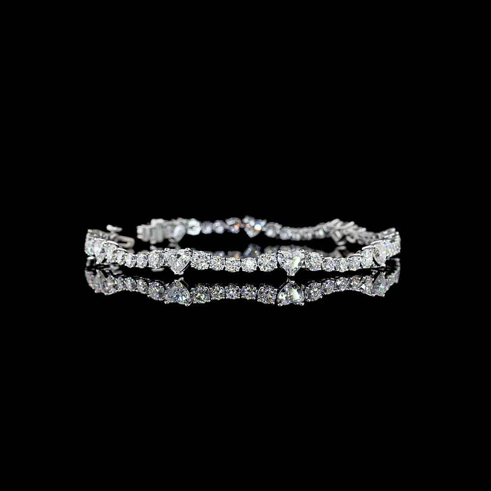 14K White Gold Heart Shape Tennis Bracelet with Brilliant Round and Heart Lab Diamonds - 8.20 Carats Total Diamond Weight - Covaloro Fine Jewelry