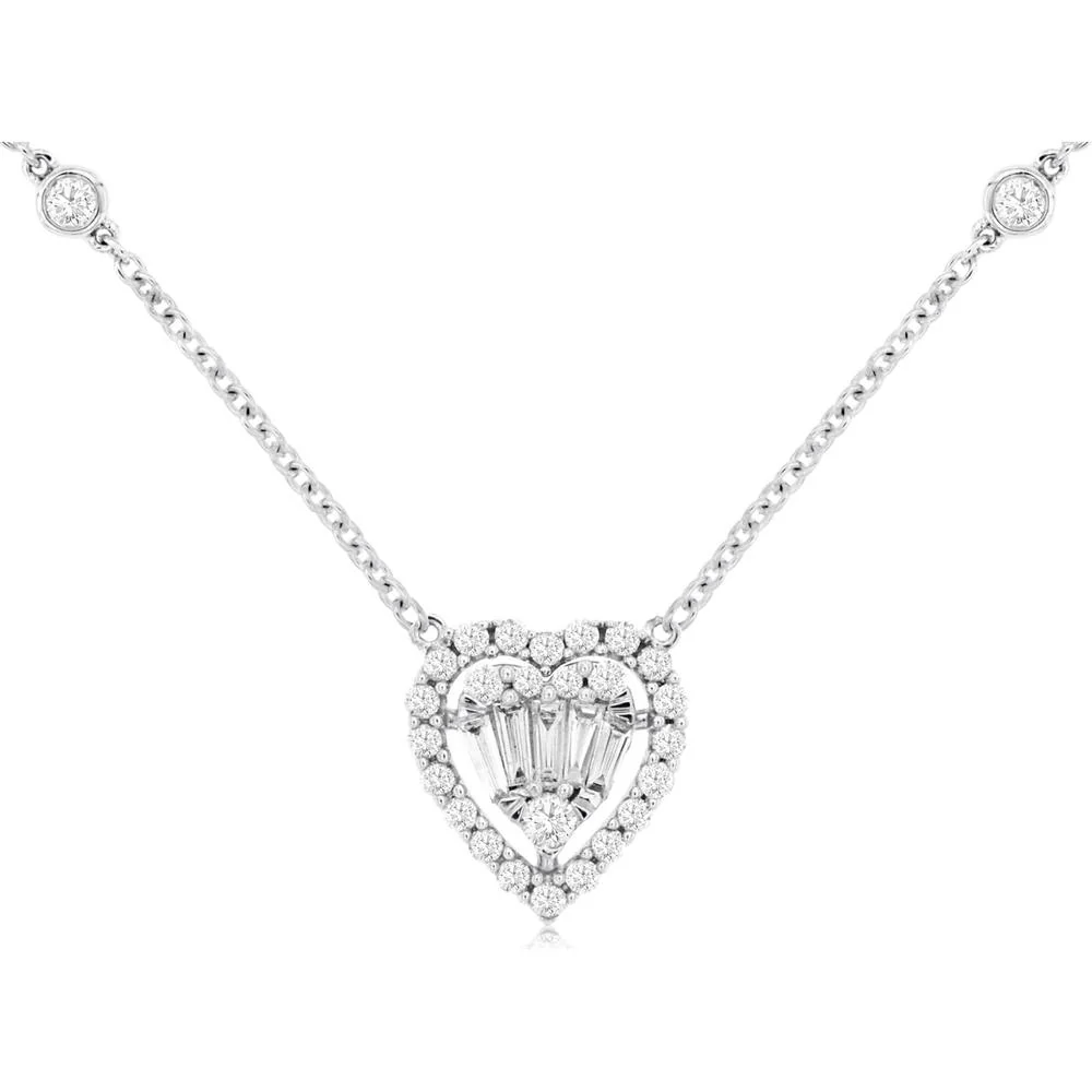 14K White Gold Heart-Shaped Diamond Pendant Necklace with Halo - 0.32 Carats Total Diamond Weight - Royal Jewelry