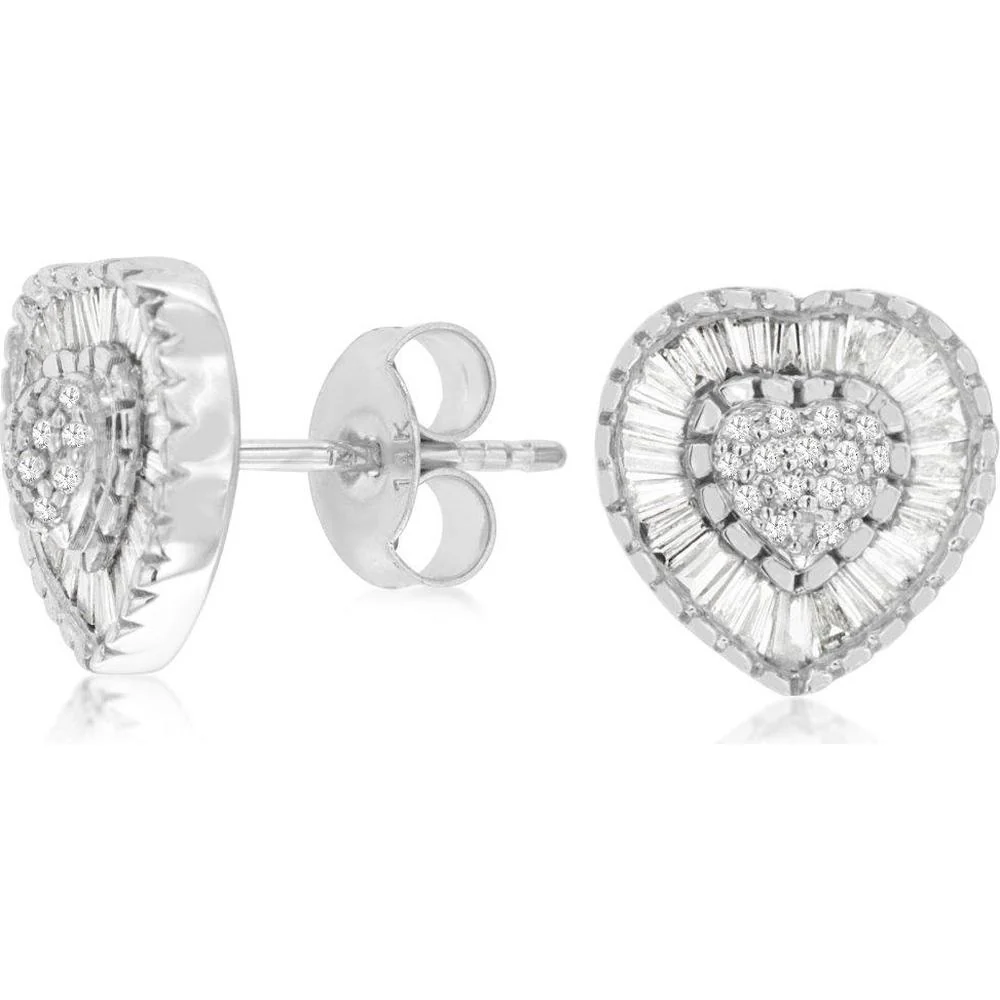 14K White Gold Heart-Shaped Diamond Stud Earrings with Round and Baguette Cut Halo - 0.54 Carat Total Diamond Weight - Royal Jewelry