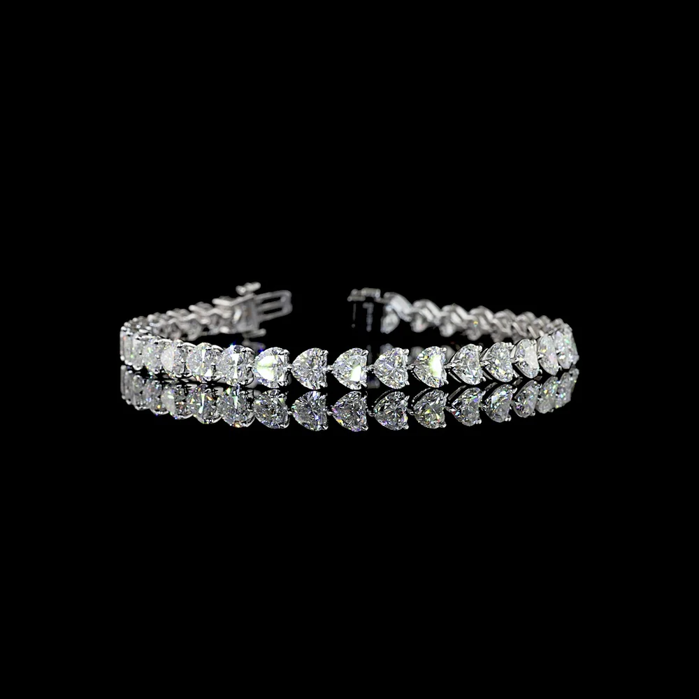 14K White Gold Heart Shaped Diamond Tennis Bracelet with East-West Setting - 16.05 Carat Total Weight Lab Grown Diamonds (E-F Color, VS2 Clarity) - Covaloro Fine Jewelry