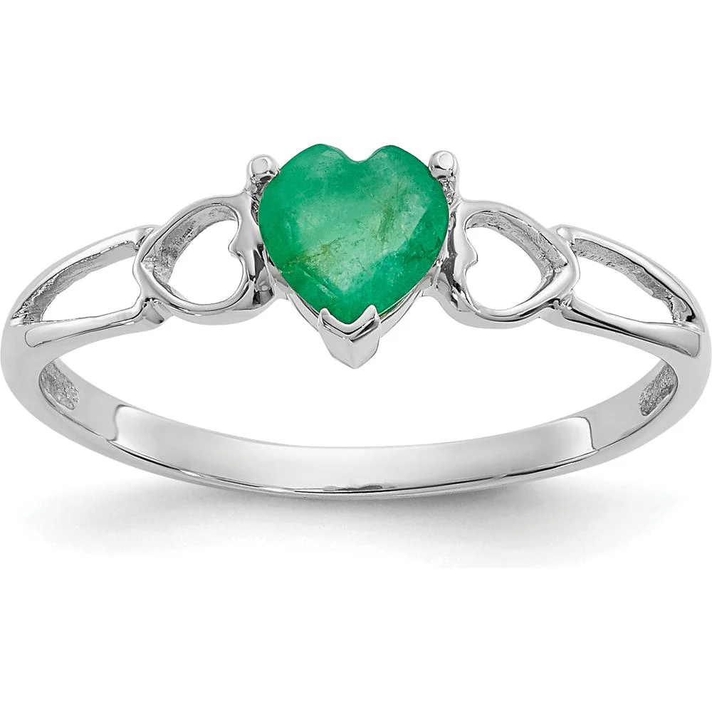 14K White Gold Heart-Shaped Emerald Ring with Three-Prong Setting - 0.43 Carat Natural Emerald - Size 6 by Oro Pregiato