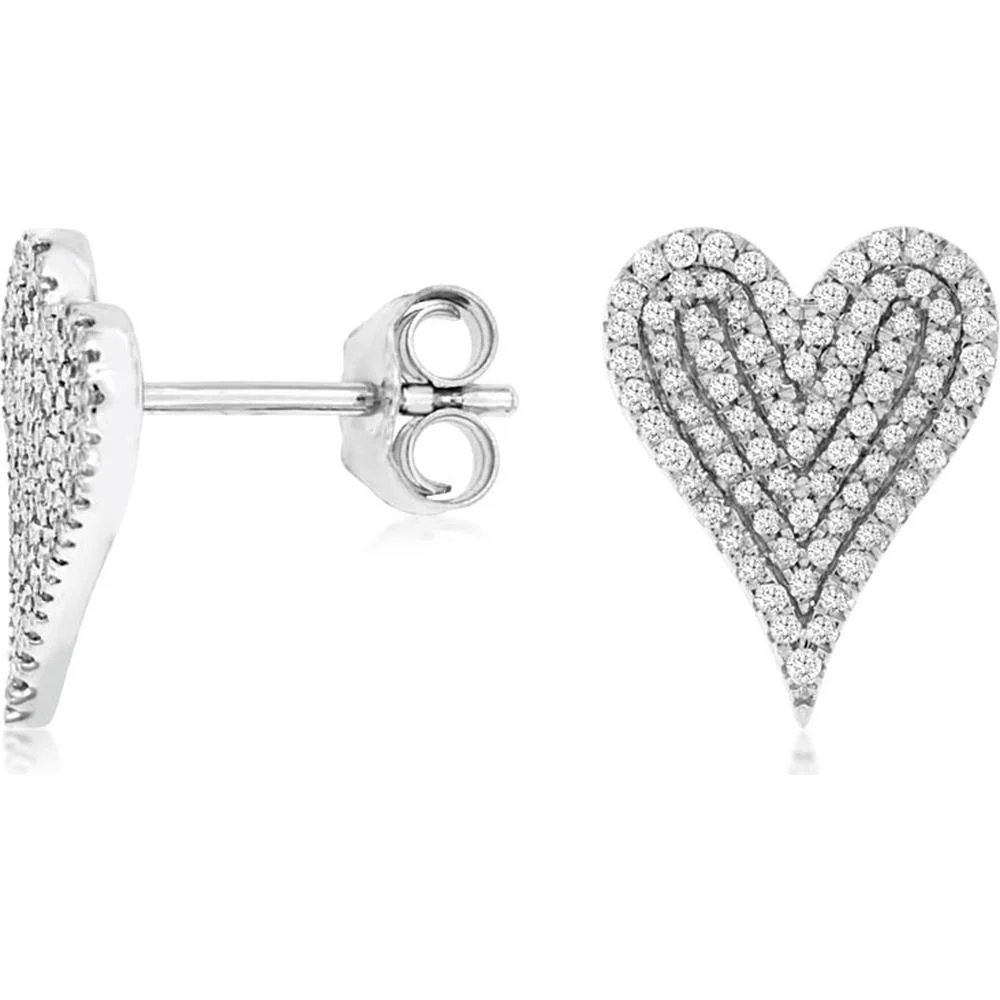 14K White Gold Heart Stud Earrings with Round Diamonds - 0.35 Carat Total Diamond Weight - Royal Jewelry