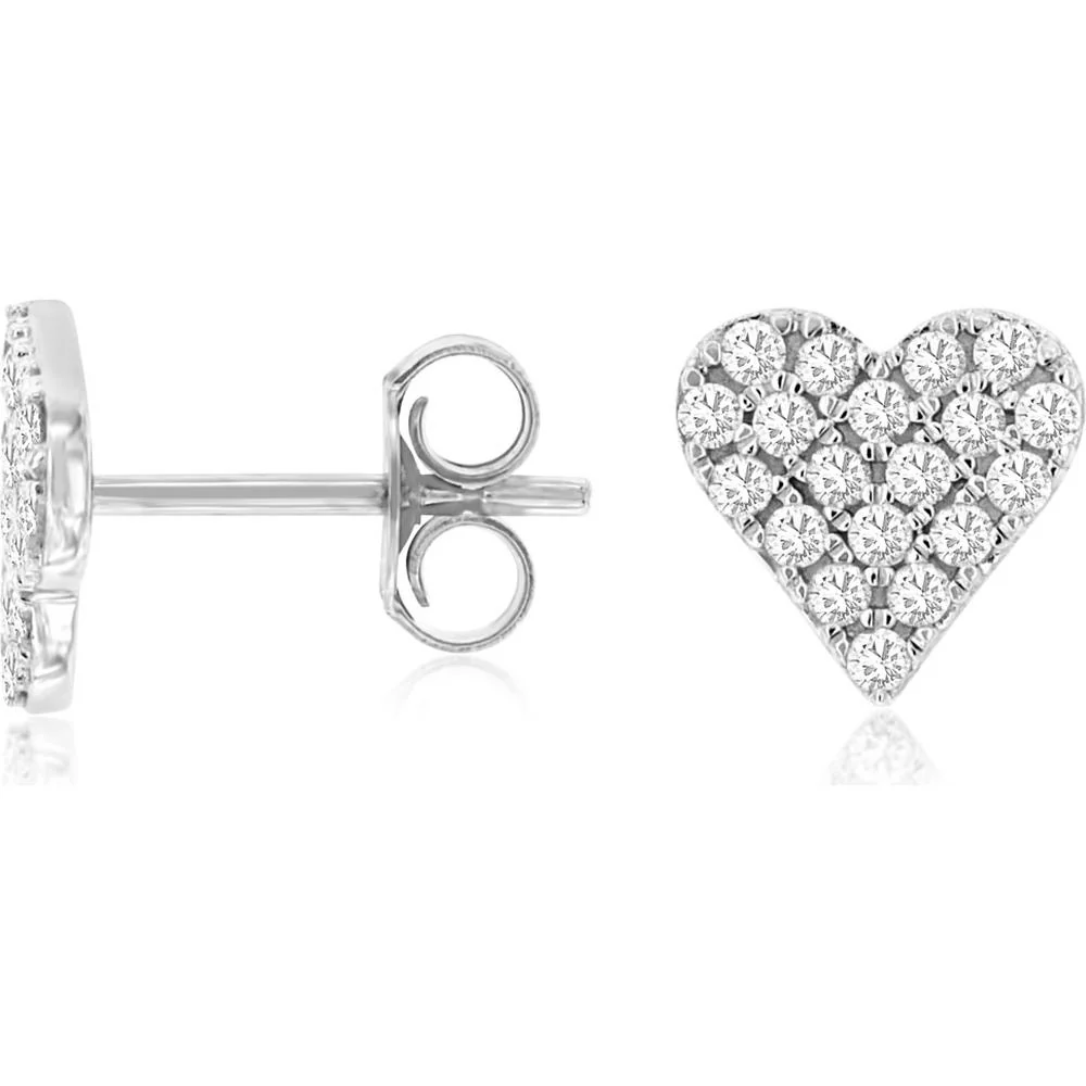 14K White Gold Heart Stud Earrings with Round Diamonds - 0.38 Carat Total Diamond Weight - Royal Jewelry