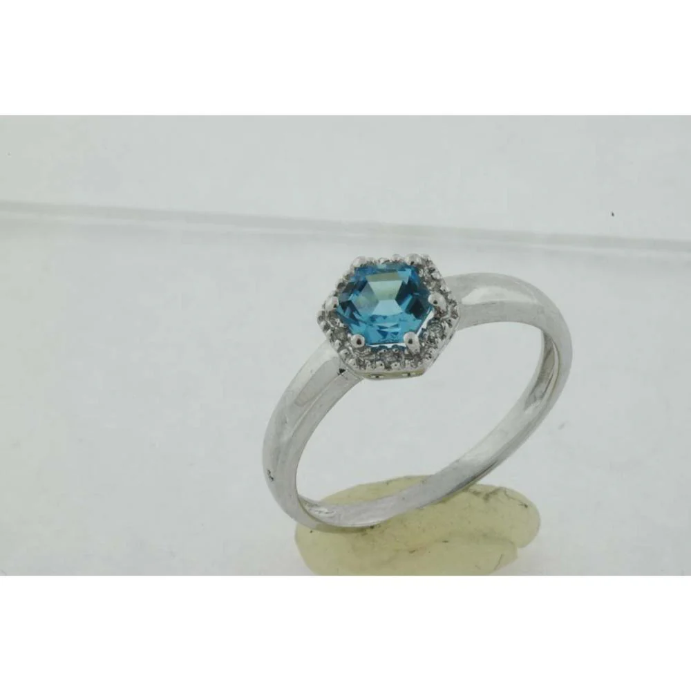 14K White Gold Hexagon Blue Topaz & Diamond Halo Ring - 0.73 Carats Total Gem Weight - Royal Jewelry
