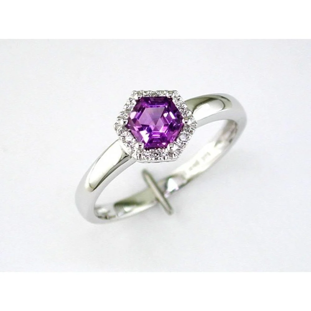 14K White Gold Hexagon Halo Ring with 0.55 Carat Amethyst and 0.03 Carat Round Diamonds - Royal Jewelry