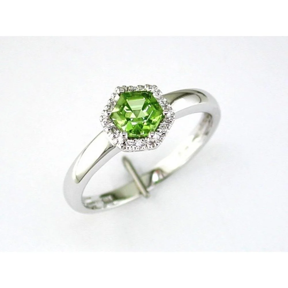 14K White Gold Hexagon Halo Ring with 0.60 Carats Peridot and 0.03 Carats Round Diamonds - Royal Jewelry