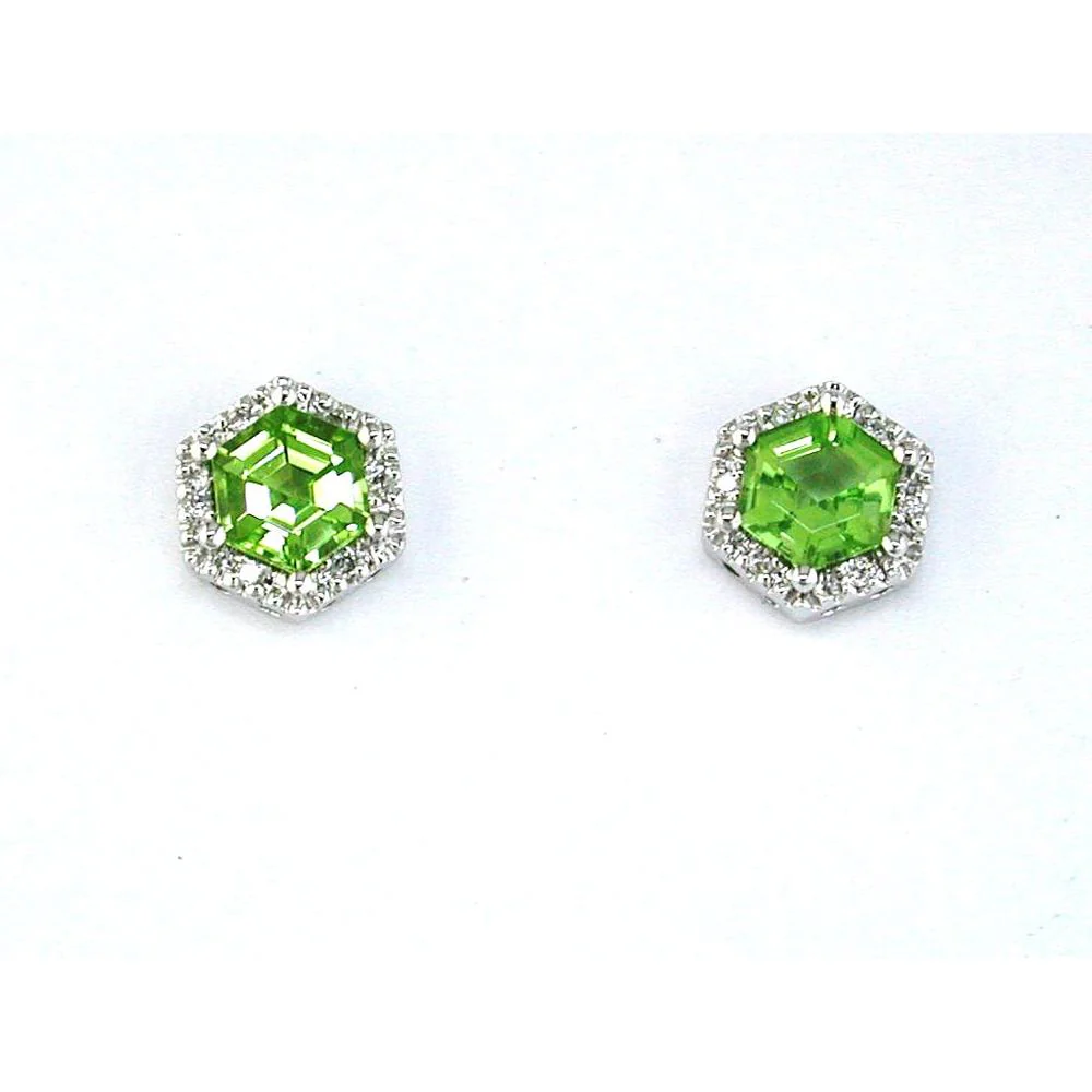 14K White Gold Hexagonal Peridot Earrings with Diamond Halo – 1.20 Carat Total Peridot Weight, 0.05 Carat Total Diamond Weight - Royal Jewelry