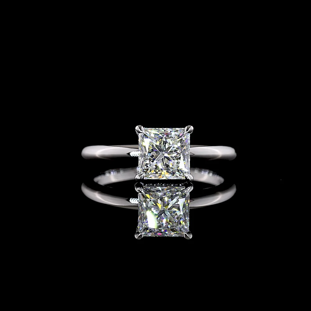 14K White Gold Hidden Halo Engagement Ring with 1.55 Carat Princess Cut Lab Diamond and 0.06 Carat Brilliant Cut Diamond Accents - Total Diamond Weight 1.61 Carats - Covaloro Fine Jewelry