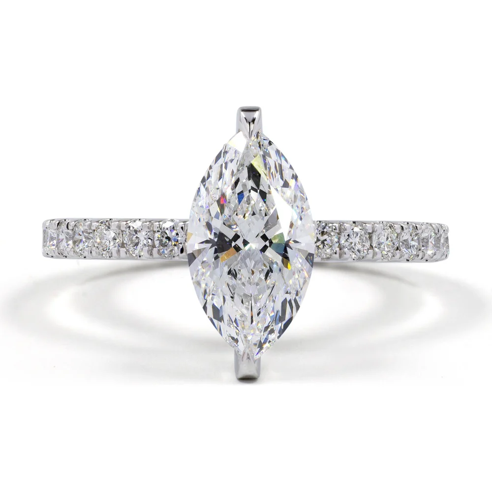 14K White Gold Hidden Halo Engagement Ring with 3.06 Carat Marquise Cut Lab Diamond and Pavé Band - 4.04 Total Carat Weight - Covaloro Fine Jewelry