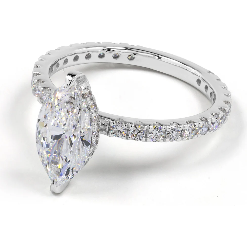 14K White Gold Hidden Halo Engagement Ring with 3.06 Carat Marquise Cut Lab Diamond and Pavé Band - 4.04 Total Carat Weight - Covaloro Fine Jewelry - Image 3