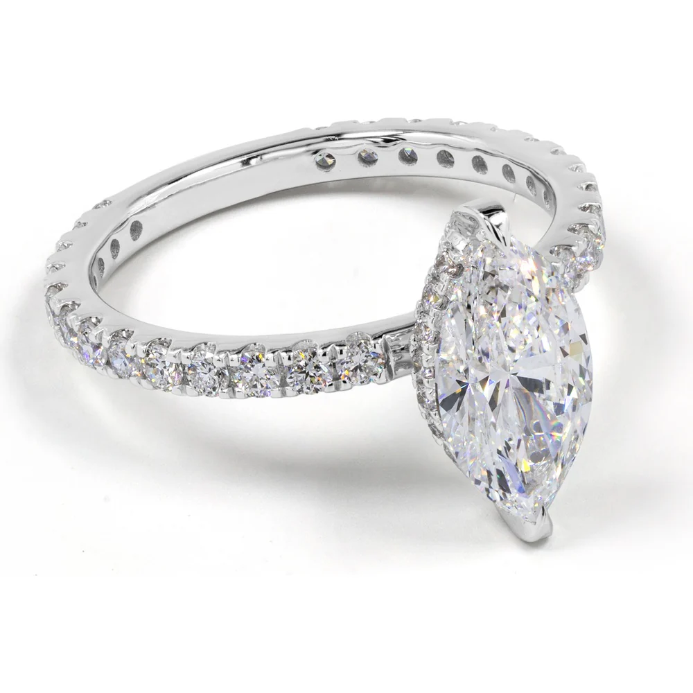 14K White Gold Hidden Halo Engagement Ring with 3.06 Carat Marquise Cut Lab Diamond and Pavé Band - 4.04 Total Carat Weight - Covaloro Fine Jewelry - Image 4