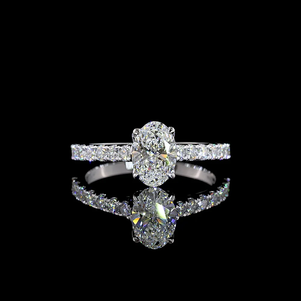 14K White Gold Hidden Halo Ring with 1.00 Carat Oval Cut Lab Diamond and 0.48 Carats of Brilliant Cut Diamonds - Total Diamond Weight 1.48 Carats, IGI Certified D VS1 - Covaloro Fine Jewelry