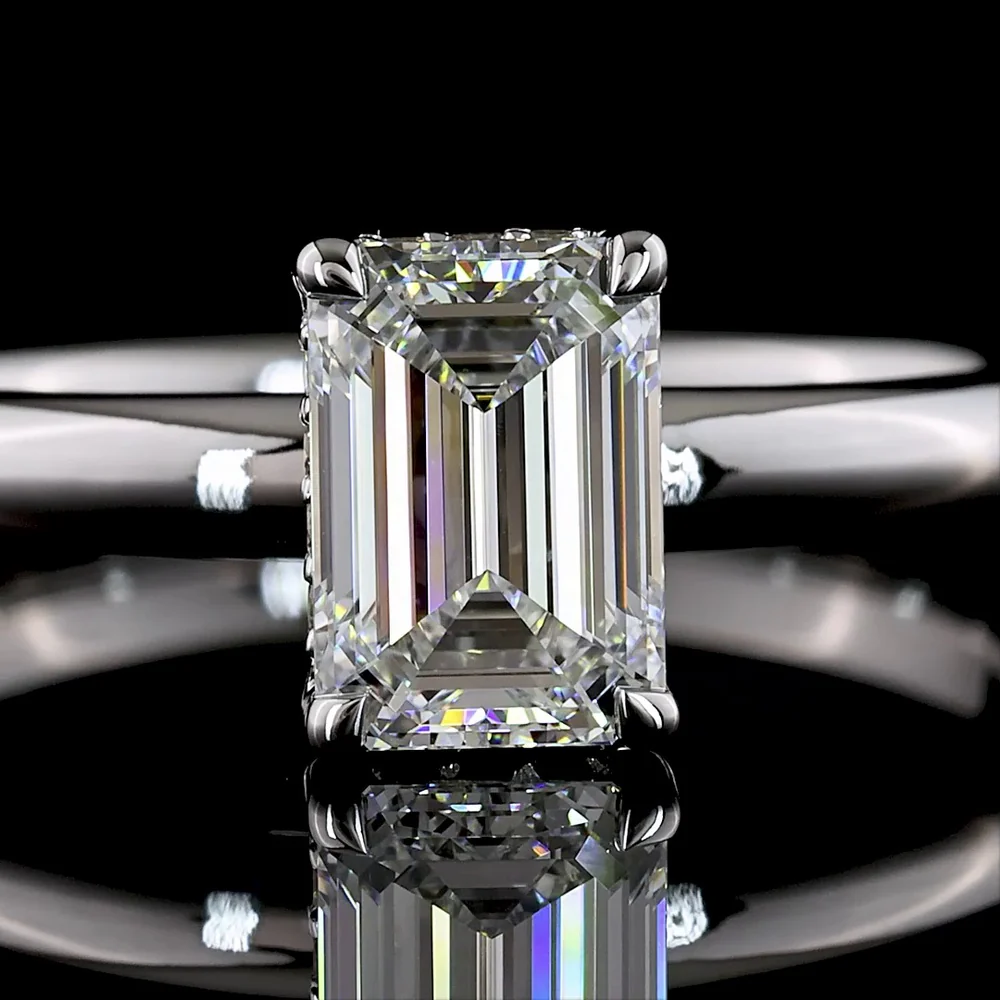 14K White Gold Hidden Halo Ring with 1.03 Carat Emerald Cut Lab Diamond and 0.07 Carat Brilliant Cut Accent Diamonds - 1.10 Carat Total Diamond Weight - Covaloro Fine Jewelry - Image 2