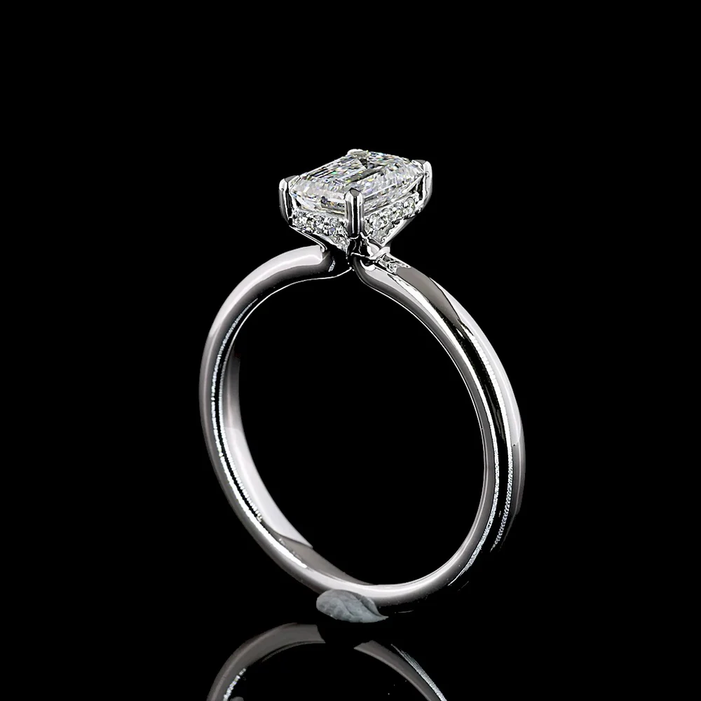 14K White Gold Hidden Halo Ring with 1.03 Carat Emerald Cut Lab Diamond and 0.07 Carat Brilliant Cut Accent Diamonds - 1.10 Carat Total Diamond Weight - Covaloro Fine Jewelry - Image 3