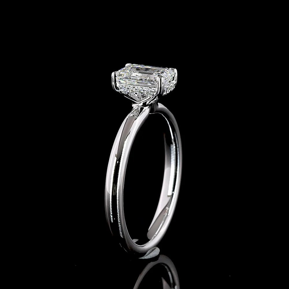 14K White Gold Hidden Halo Ring with 1.03 Carat Emerald Cut Lab Diamond and 0.07 Carat Brilliant Cut Accent Diamonds - 1.10 Carat Total Diamond Weight - Covaloro Fine Jewelry - Image 4