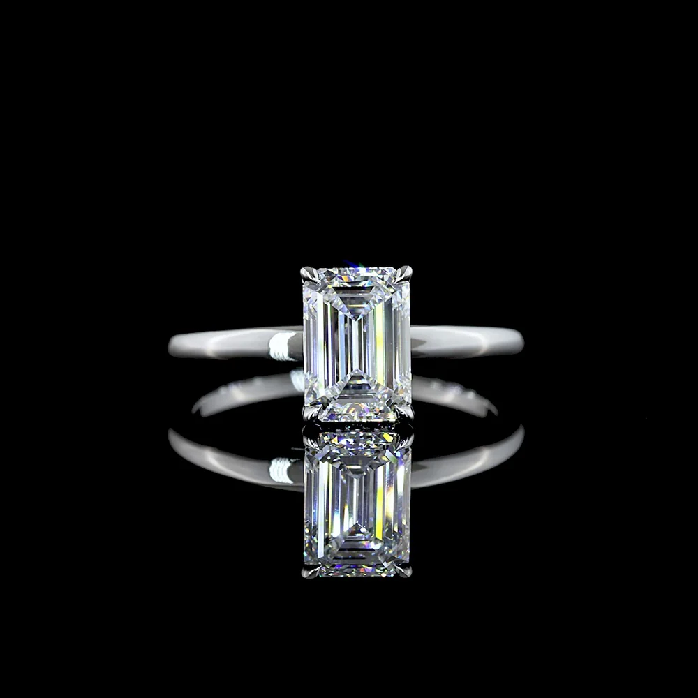 14K White Gold Hidden Halo Ring with 1.55 Carat Emerald Cut Lab Diamond and 0.08 Carat Brilliant Cut Accent Diamonds - Total 1.63 Carats - Covaloro Fine Jewelry