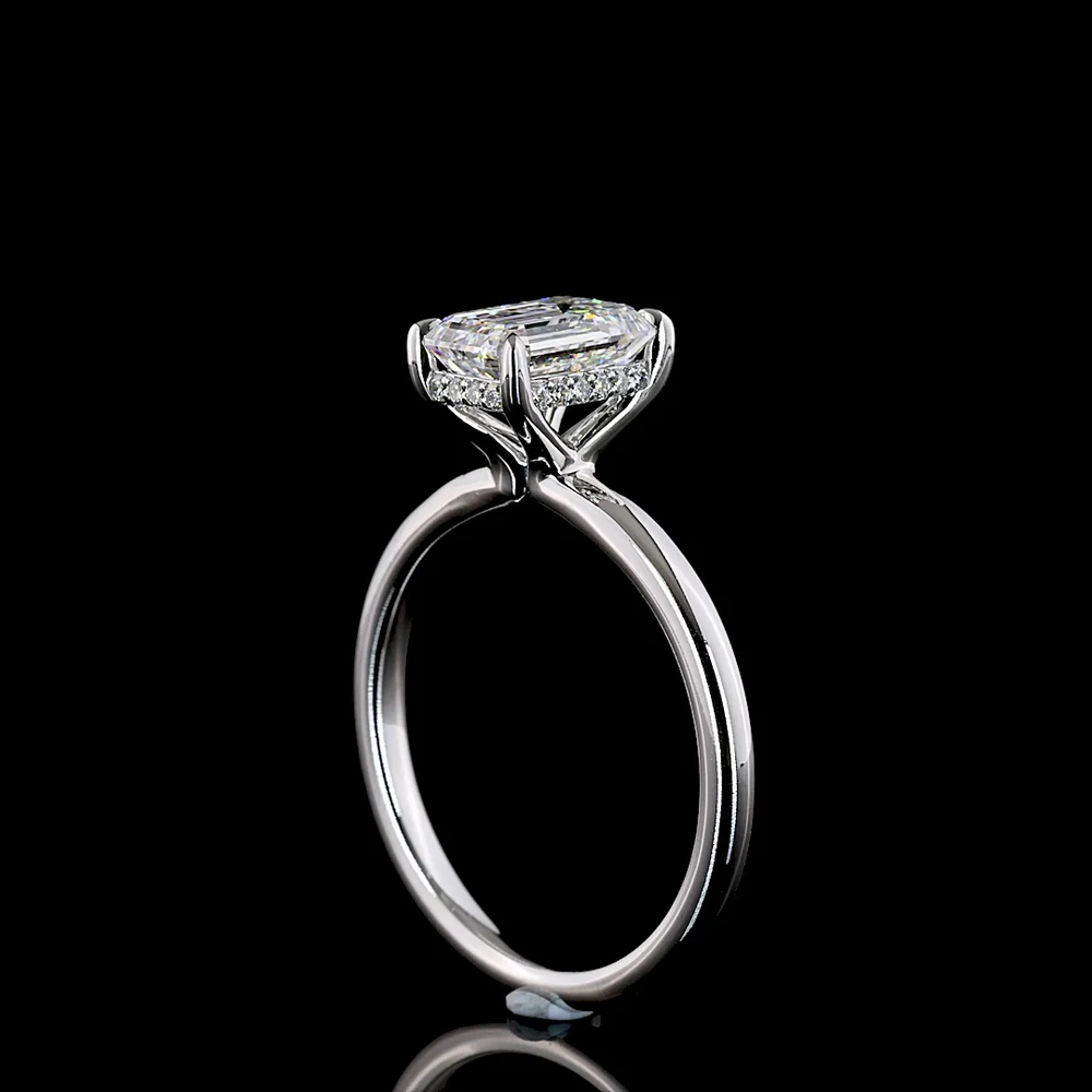 14K White Gold Hidden Halo Ring with 1.55 Carat Emerald Cut Lab Diamond and 0.08 Carat Brilliant Cut Accent Diamonds - Total 1.63 Carats - Covaloro Fine Jewelry - Image 3