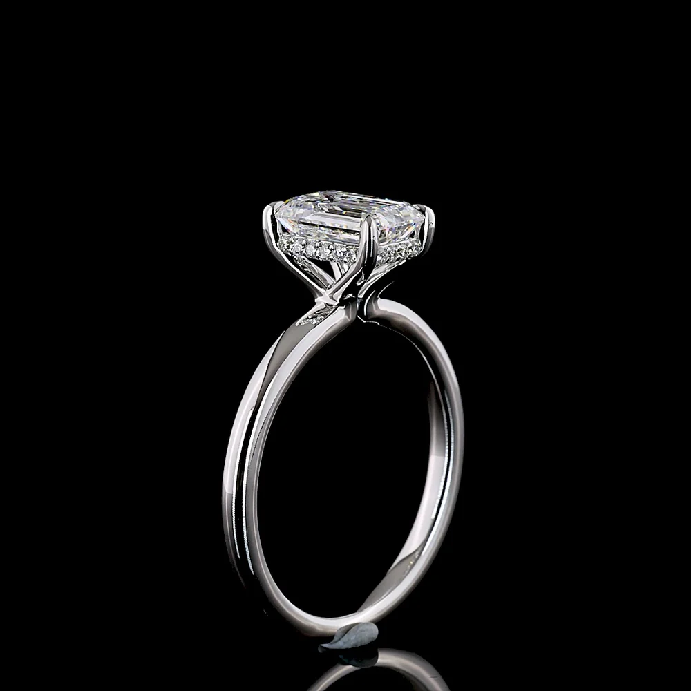 14K White Gold Hidden Halo Ring with 1.55 Carat Emerald Cut Lab Diamond and 0.08 Carat Brilliant Cut Accent Diamonds - Total 1.63 Carats - Covaloro Fine Jewelry - Image 4