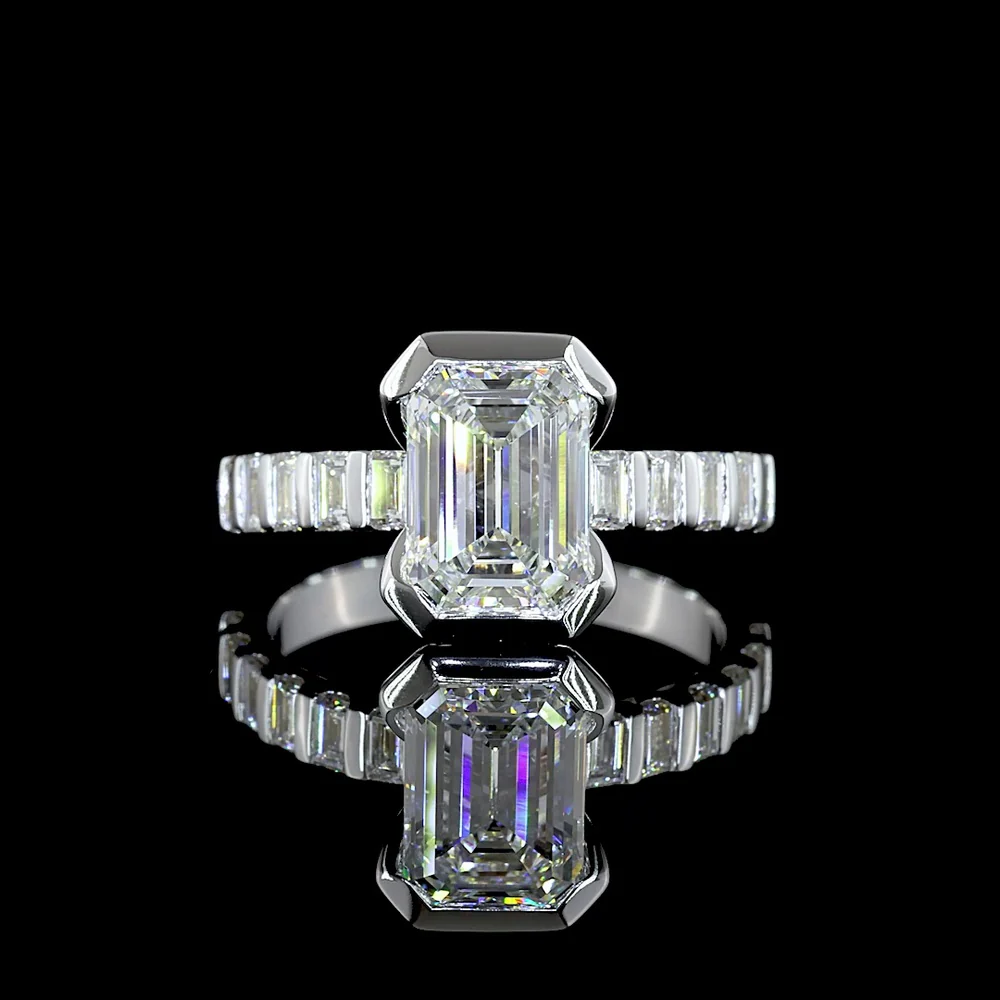 14K White Gold Hidden Halo Ring with 2.11 Carat Emerald Cut Lab Diamond and Baguette Diamond Accents - 2.74 Carat Total Diamond Weight - Covaloro Fine Jewelry