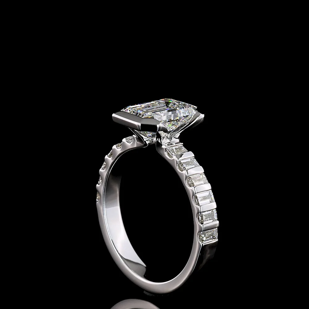 14K White Gold Hidden Halo Ring with 2.11 Carat Emerald Cut Lab Diamond and Baguette Diamond Accents - 2.74 Carat Total Diamond Weight - Covaloro Fine Jewelry - Image 3