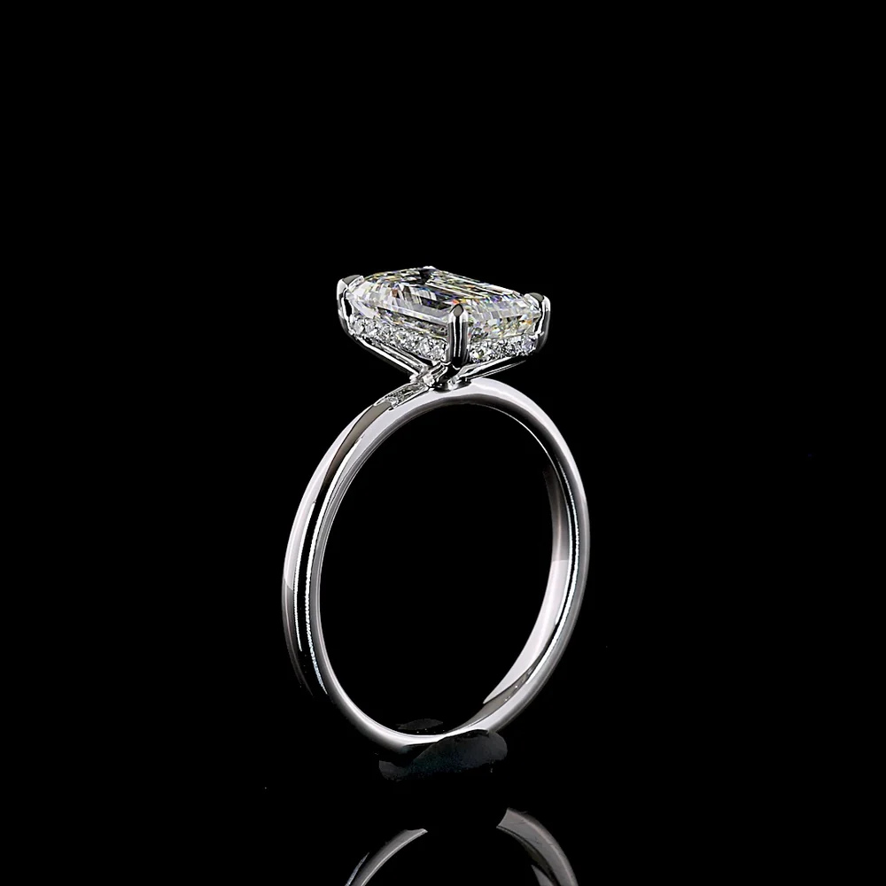 14K White Gold Hidden Halo Ring with 2.17 Carat Emerald Cut Lab Diamond and 0.08 Carat Brilliant Diamond Accents - 2.25 Total Carat Weight - Covaloro Fine Jewelry - Image 4