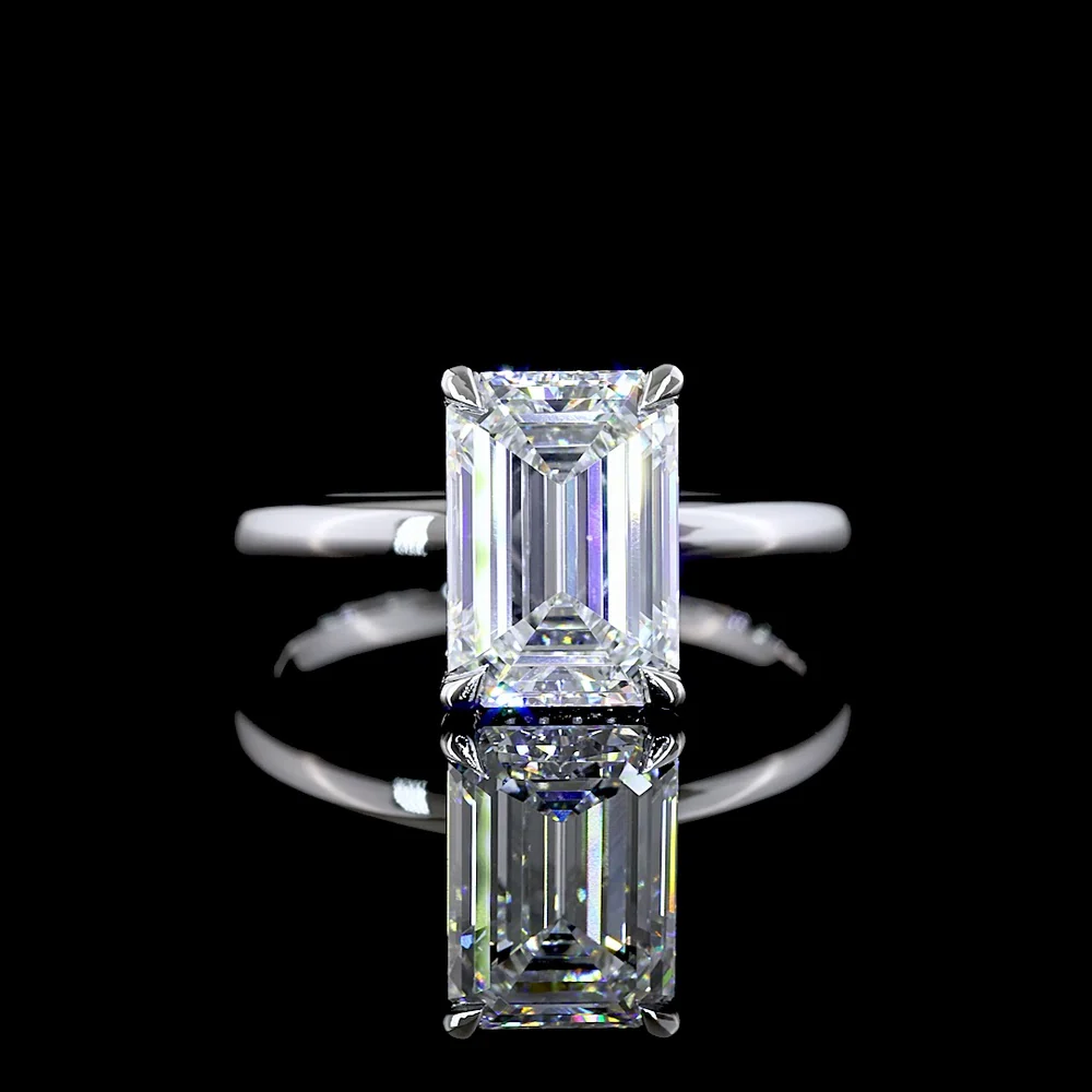14K White Gold Hidden Halo Ring with 3.00 Carat Emerald Cut Lab Diamond and 0.09 Carat Brilliant Cut Diamond Accents - Total 3.09 Carats - Covaloro Fine Jewelry