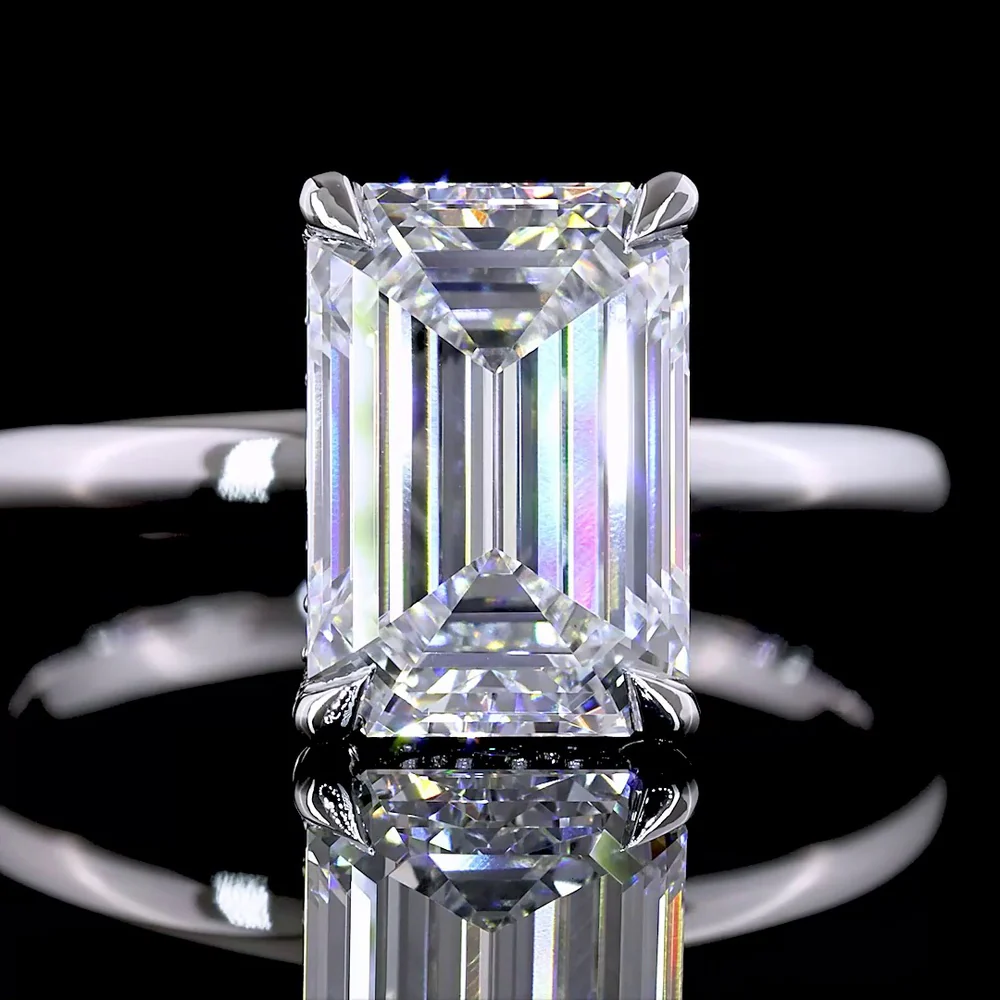 14K White Gold Hidden Halo Ring with 3.00 Carat Emerald Cut Lab Diamond and 0.09 Carat Brilliant Cut Diamond Accents - Total 3.09 Carats - Covaloro Fine Jewelry - Image 2