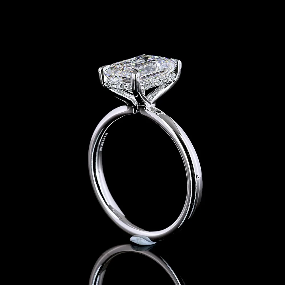 14K White Gold Hidden Halo Ring with 3.00 Carat Emerald Cut Lab Diamond and 0.09 Carat Brilliant Cut Diamond Accents - Total 3.09 Carats - Covaloro Fine Jewelry - Image 3