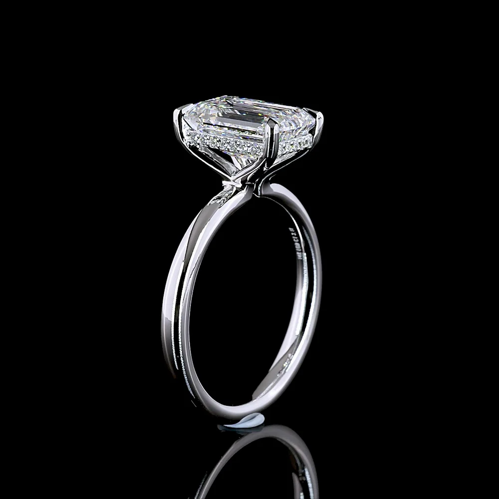 14K White Gold Hidden Halo Ring with 3.00 Carat Emerald Cut Lab Diamond and 0.09 Carat Brilliant Cut Diamond Accents - Total 3.09 Carats - Covaloro Fine Jewelry - Image 4