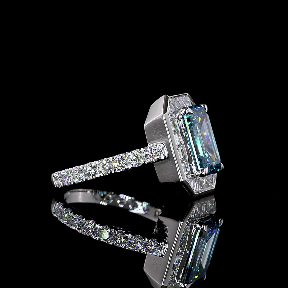 14K White Gold Hidden Halo Ring with 3.02 Carat Emerald Cut Fancy Vivid Blue Lab Diamond and Mixed Shape Accent Diamonds - 4.49 Carat Total Weight - Covaloro Fine Jewelry - Image 2