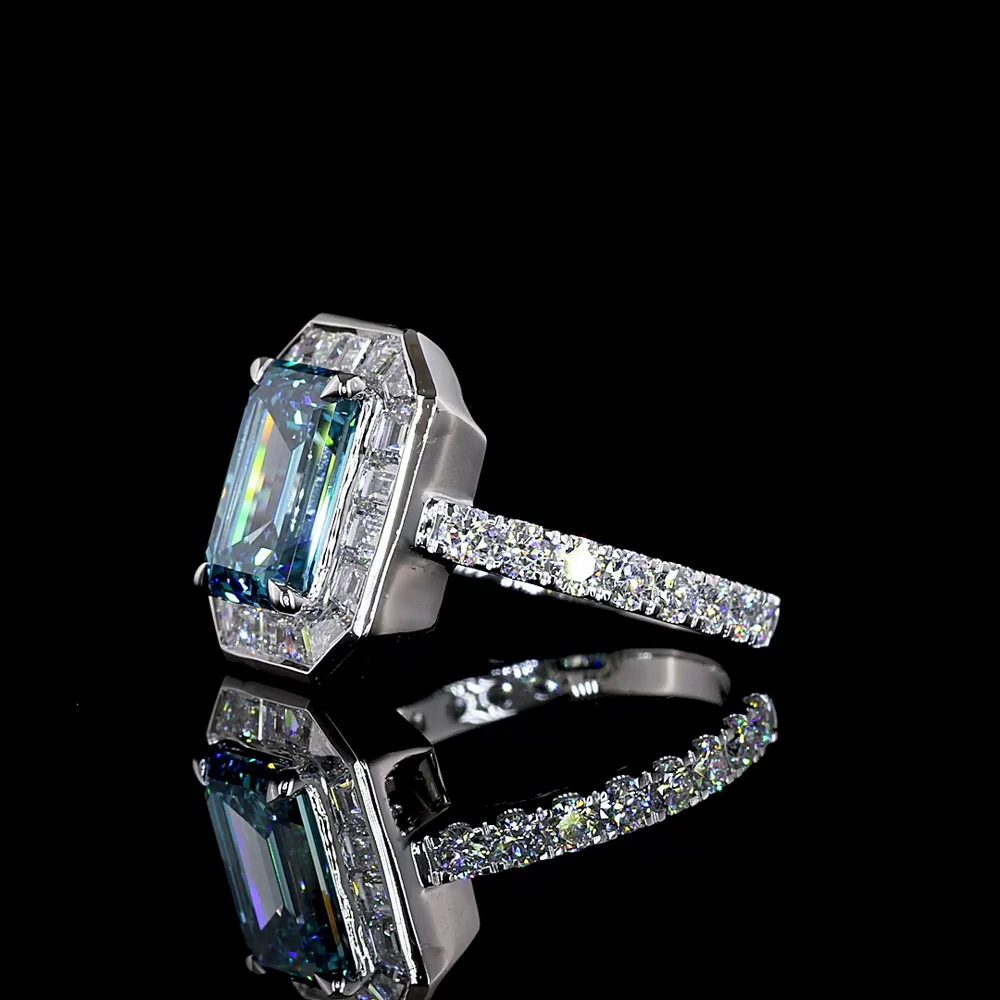 14K White Gold Hidden Halo Ring with 3.02 Carat Emerald Cut Fancy Vivid Blue Lab Diamond and Mixed Shape Accent Diamonds - 4.49 Carat Total Weight - Covaloro Fine Jewelry - Image 3