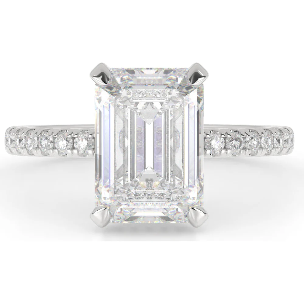14K White Gold Hidden Halo Ring with 4.05 Carat Emerald Cut Lab Diamond and Pave Band - Total Diamond Weight 5.34 Carats - Covaloro Fine Jewelry