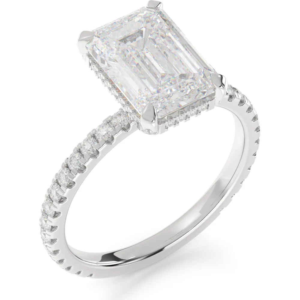 14K White Gold Hidden Halo Ring with 4.05 Carat Emerald Cut Lab Diamond and Pave Band - Total Diamond Weight 5.34 Carats - Covaloro Fine Jewelry - Image 4