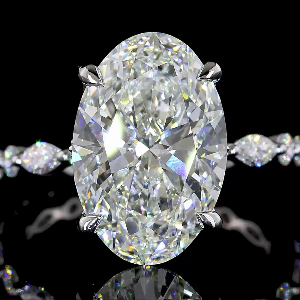 14K White Gold Hidden Halo Ring with 5.11 Carat Oval Cut Lab Diamond and Accent Marquise and Round Diamonds - 5.85 Carat Total Diamond Weight - Covaloro Fine Jewelry - Image 2