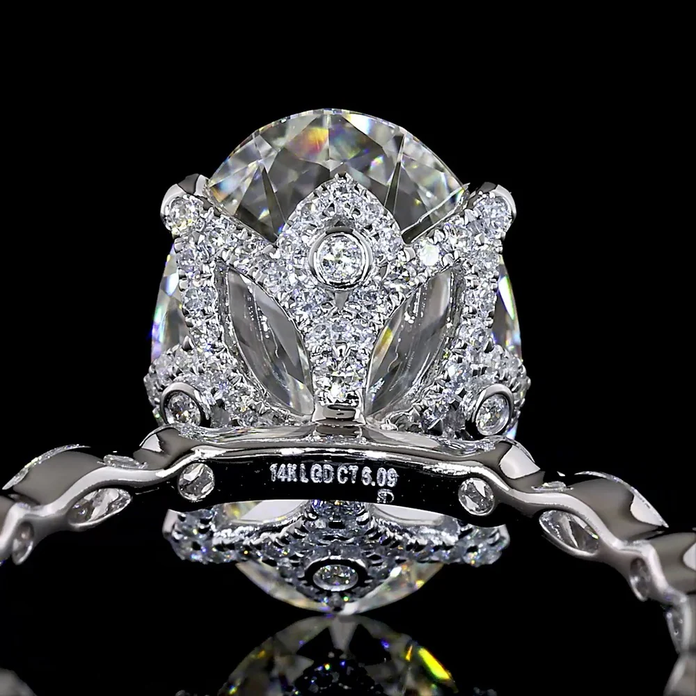 14K White Gold Hidden Halo Ring with 5.11 Carat Oval Cut Lab Diamond and Accent Marquise and Round Diamonds - 5.85 Carat Total Diamond Weight - Covaloro Fine Jewelry - Image 3