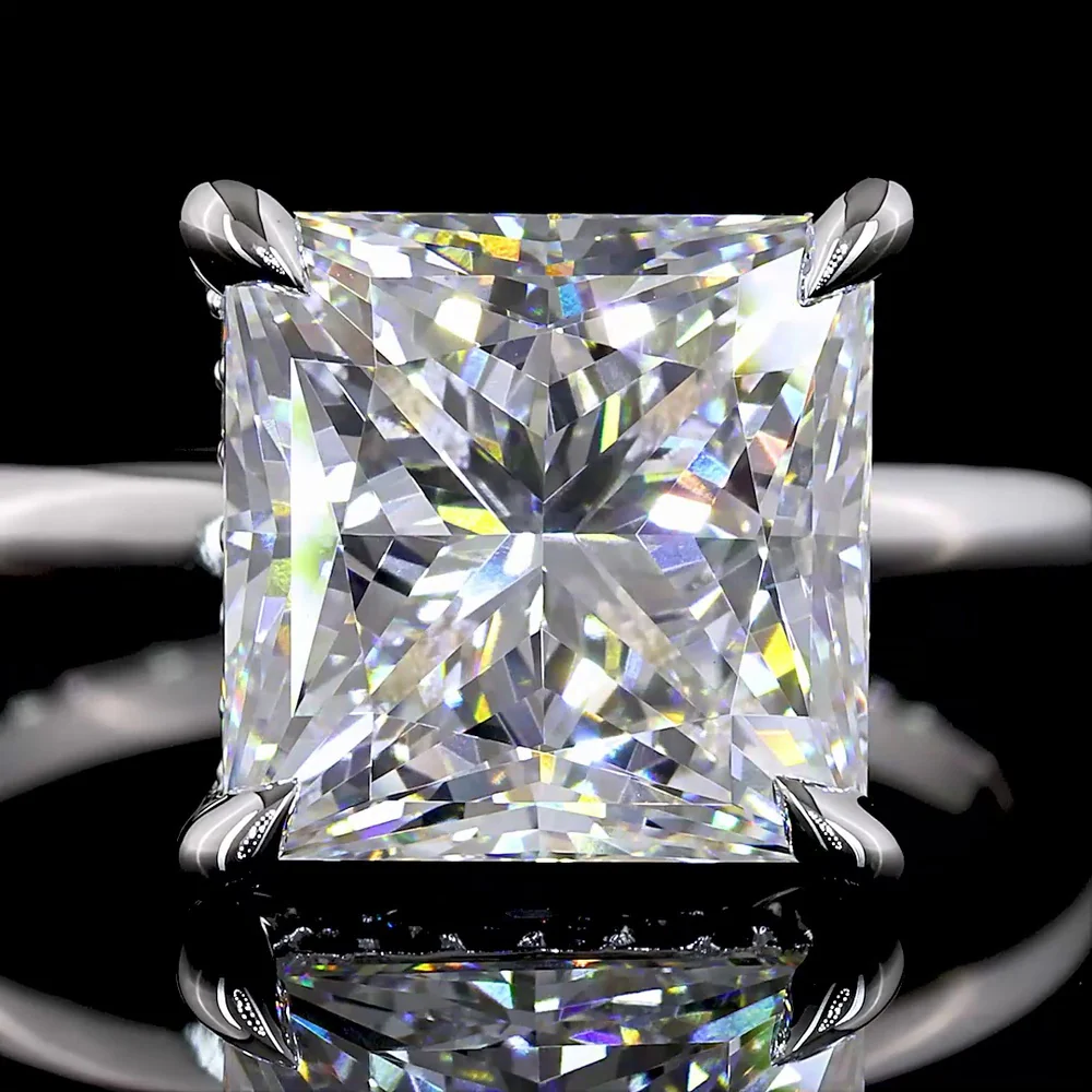 14K White Gold Hidden Halo Ring with 5.11 Carat Princess Cut D VVS2 Lab Diamond and 0.12 Carat Brilliant Cut Lab Diamond Accent - 5.23 Carat Total Diamond Weight - Covaloro Fine Jewelry - Image 2