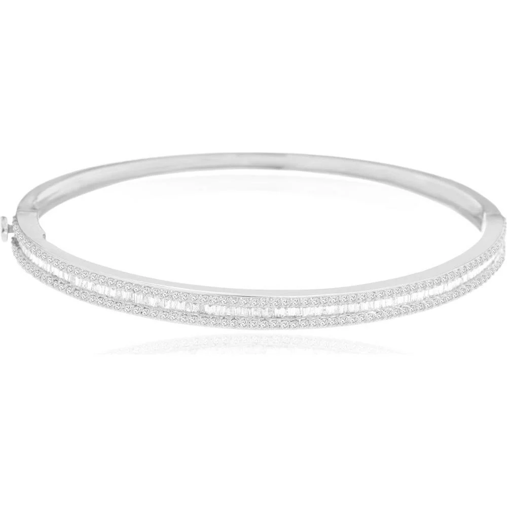 14K White Gold Hinged Diamond Bangle with Channel-Set Baguette and Round Cut Diamonds - 1.65 Carat Total Diamond Weight - Royal Jewelry